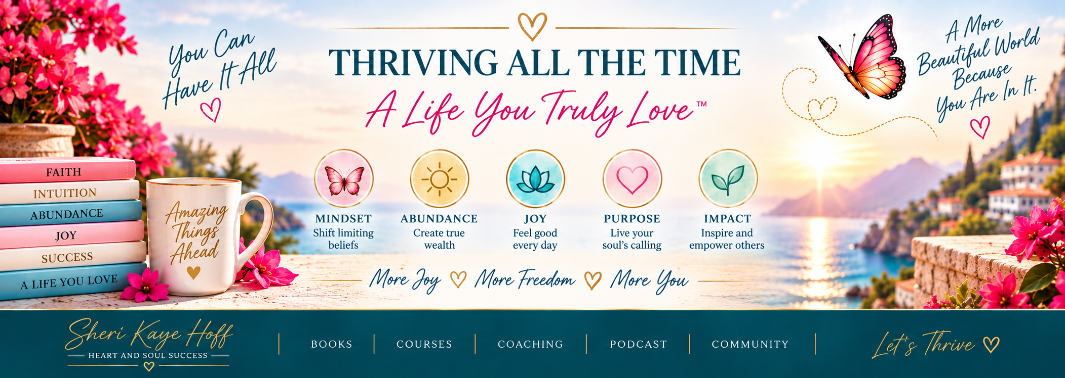 Promotional banner by the water featuring pink flowers, a mug reading 'Amazing Things Ahead', pastel books, and five circular icons for Mindset, Abundance, Joy, Purpose, and Impact.