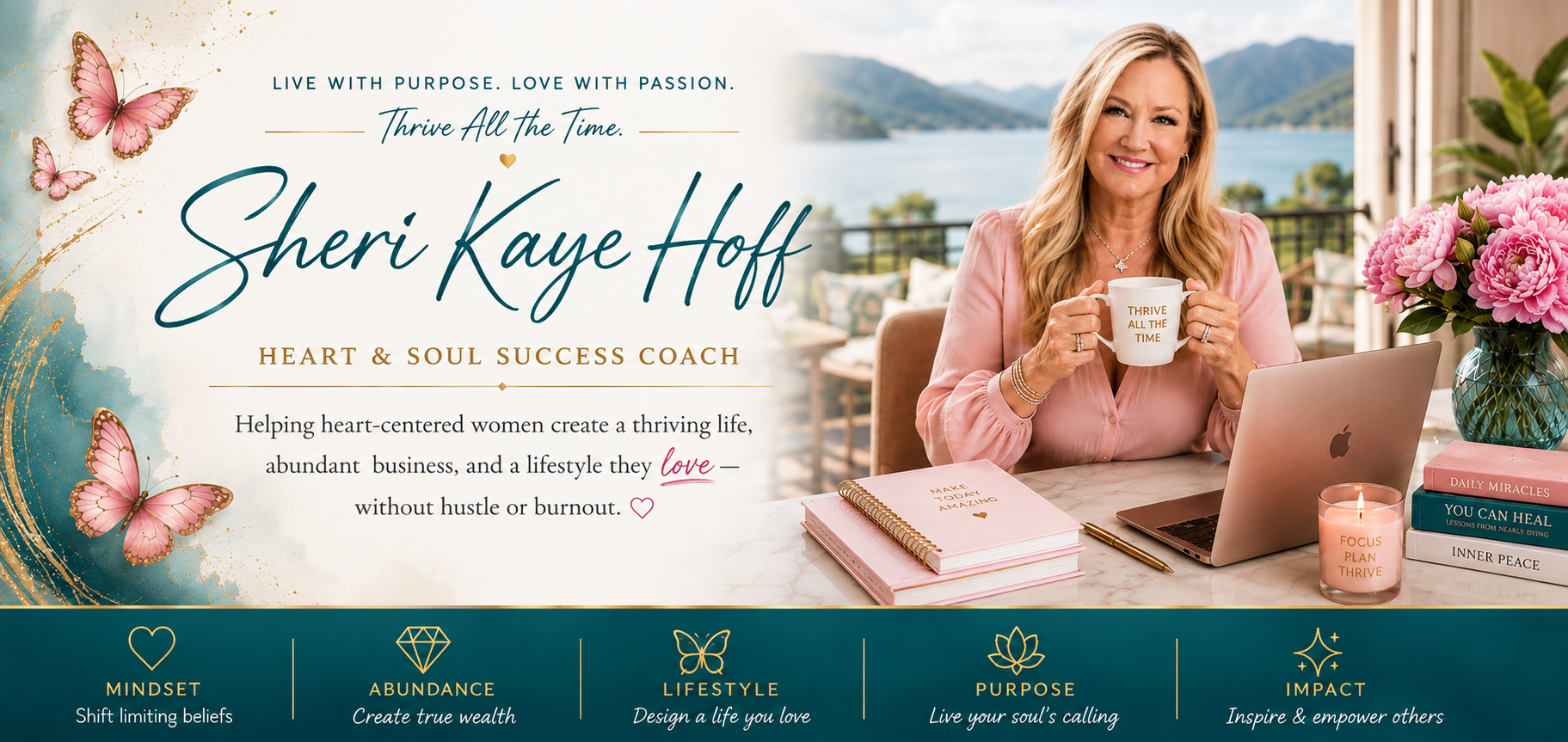 Portrait of Sheri Kaye Hoff smiling at a marble desk, holding a mug, with a laptop, pink notebooks, and a bouquet nearby against a lakeside backdrop with pink butterflies.