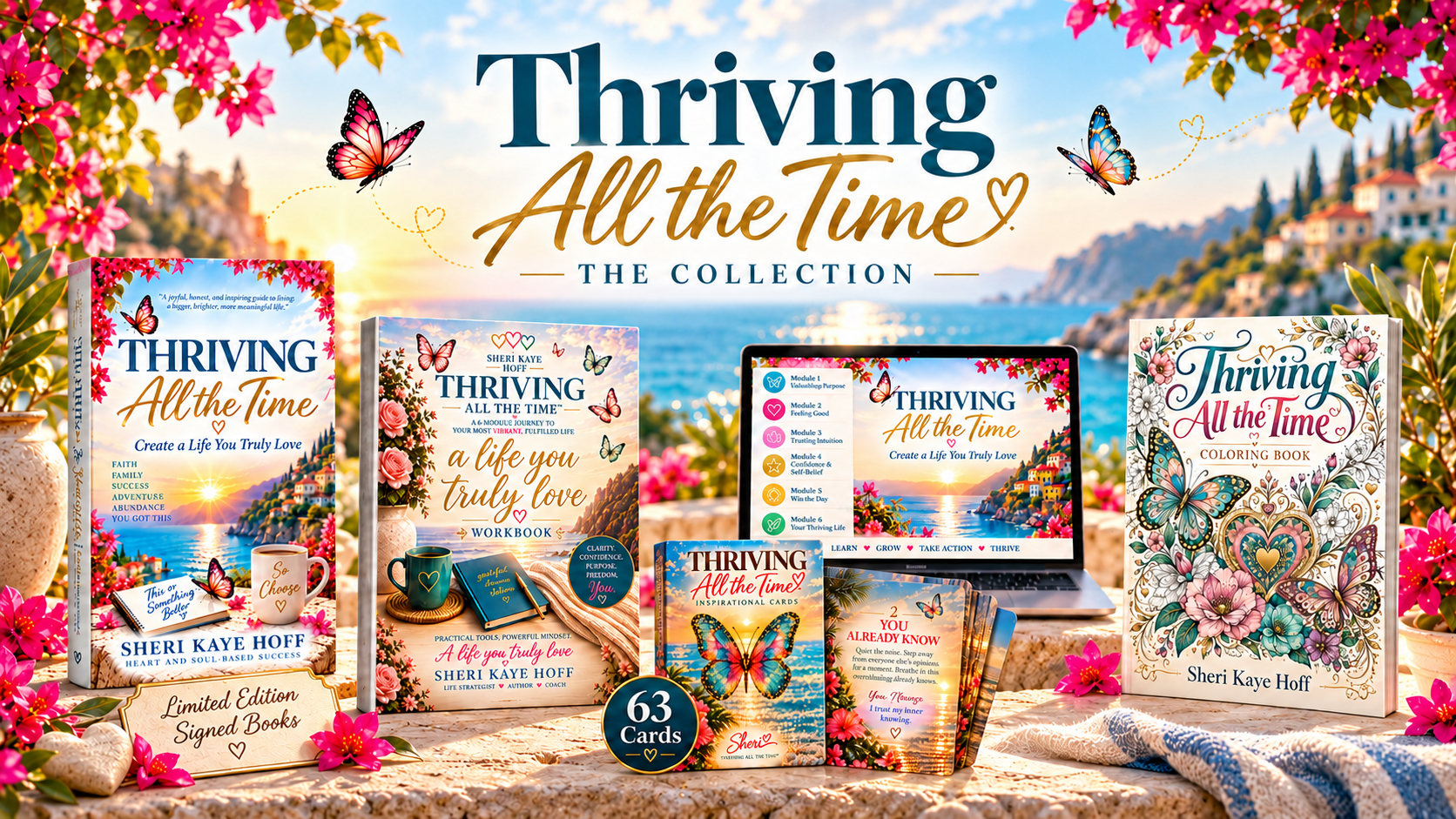 Collection Banner Thriving All the Time | Sheri Kaye Hoff Promotional collage for Thriving All the Time collection with books, cards, and a coloring book on a sunny seaside setup with butterflies.