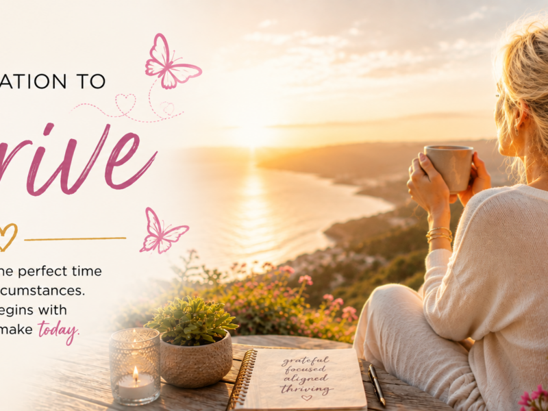 Woman seated on a wooden deck at sunset, holding a mug, with pink flowers and an inspirational banner about thriving.