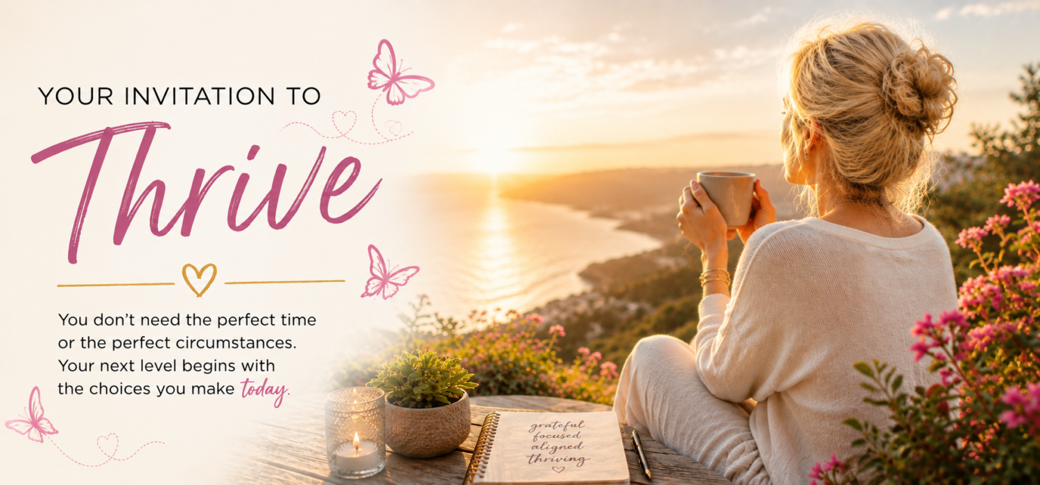 Woman seated on a wooden deck at sunset, holding a mug, with pink flowers and an inspirational banner about thriving.