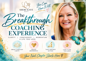 Promotional cover for 'The Breakthrough Coaching Experience' featuring Sherri Kaye Hoff, a smiling woman, teal title text, butterfly, and inspirational icons at bottom left.