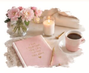 Pink journal, coffee, candle and flowers