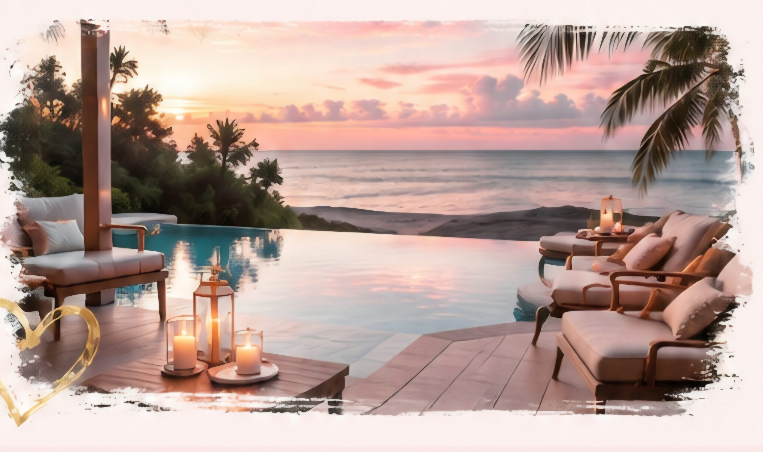 Sunset over a tropical resort pool with lounge chairs, candles, and palm trees by the ocean.