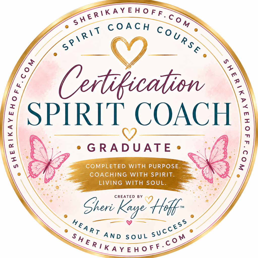 Circular certificate badge for 'Spirit Coach Graduate' by Sheri Kaye Hoff, featuring hearts, butterflies, and gold accents.