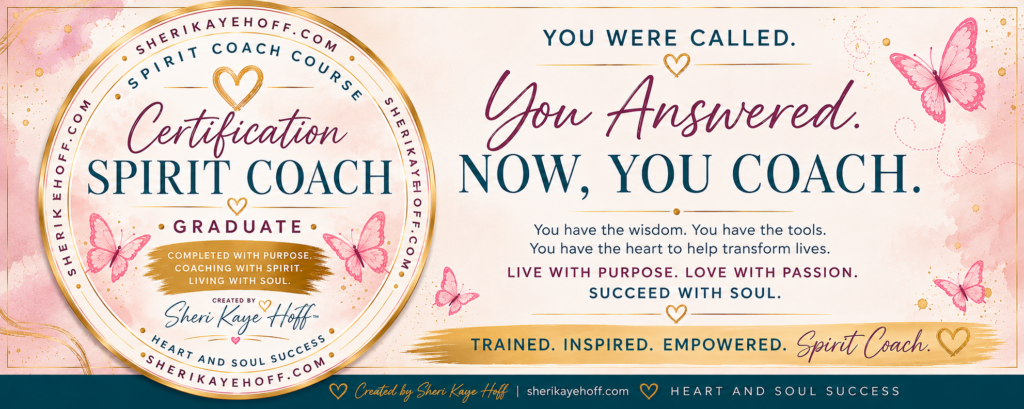 Decorative banner for a Spirit Coach Certification program with pink butterflies, gold accents, and the headline'You Answered. Now, You Coach.'