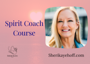 Promotional graphic for a Spirit Coach Course with a smiling woman portrait on the right, pink gradient background, and URL sherikayehoff.com.