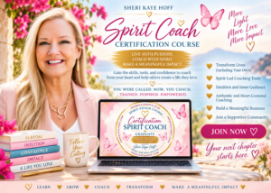Promotional banner for Spirit Coach Certification Course featuring a smiling woman outdoors with a laptop and motivational text.