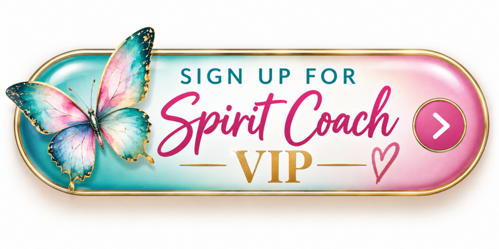 Teal-to-pink gradient banner with a colorful butterfly, text 'Sign Up for Spirit Coach VIP' and a pink circular arrow CTA on the right