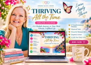 Banner for the 'Thriving All the Time' online course showing a smiling woman with a laptop displaying the course cover and a prominent 'Join Now' button.