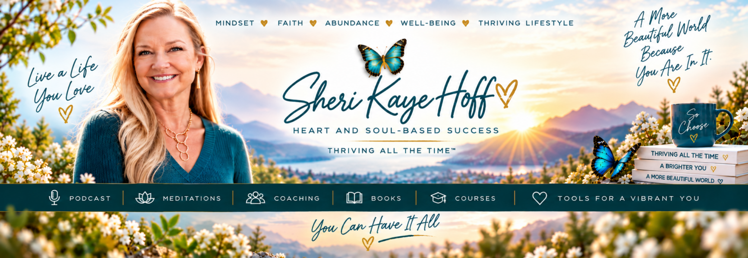 Smiling woman in a teal sweater with a butterfly logo; scenic sunrise over mountains and flowers behind her, Sheri Kaye Hoff branding text prominent.