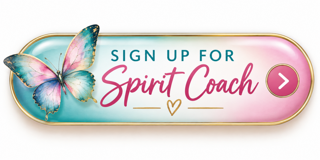CTA banner inviting users to sign up for Spirit Coach, with a teal‑to‑pink gradient, butterfly, and a round arrow button on the right.